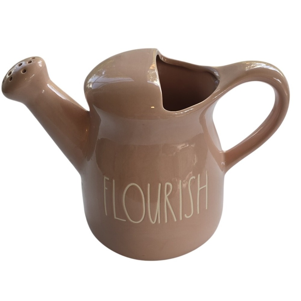 Rae Dunn By Magenta FLOURISH Ceramic Garden Watering Can White Lettering Pink